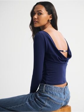 Abercrombie Satin Women's Navy Long-Sleeve Cowl Open-Back Top